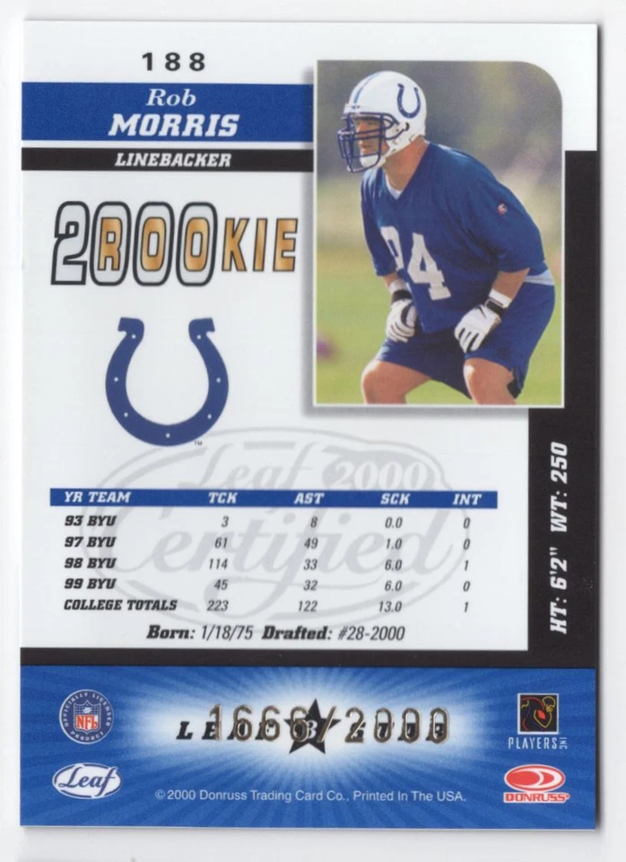 2000 Leaf Certified blue Rob Morris Rookie 12660/2000 Indianapolis Colts #188 - Image 2 of 2