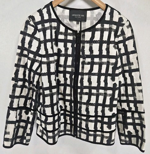 Lafayette 148 Blazer Womens 12 Black White Paint Print Jacket Print Zip Cotton