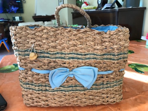 Borsa donna di paglia intrecciata con fiocco celeste rettangolare con  manici | eBay
