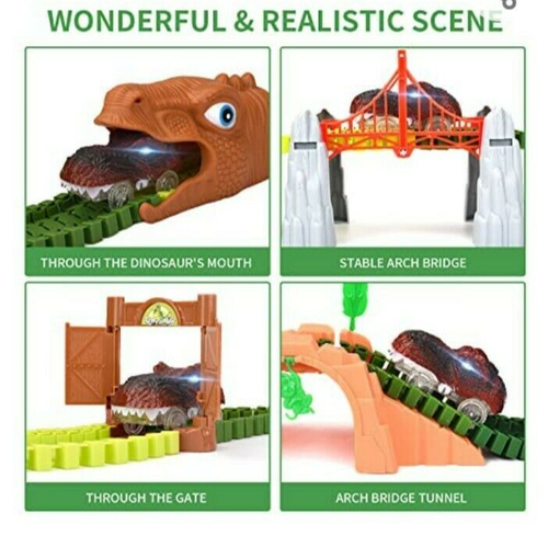 MONDEX 284 Pcs Dinosaur Car Race Track Flexible Train Track Dino Toys Bridge 3+ - Picture 7 of 8