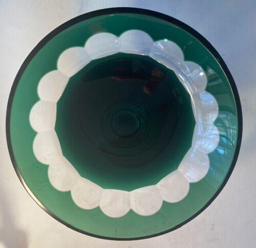 Val St. Lambert EMERALD GREEN Cut to Clear CRYSTAL Pedestal Bowl SIGNED - Picture 3 of 8