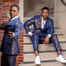 Men's Suits Slim Fit Retro Gilded Jacquard Jacket Pant Double Breasted 2 Pieces