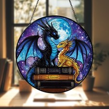 Stained Glass Dragon Suncatcher Fantasy Moon Book Lover Gift Window Hanging Art