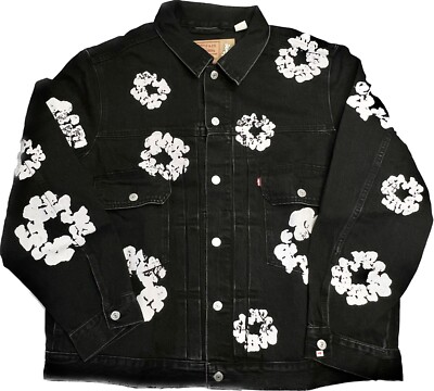 DENIM TEARS Black All Over Cotton Wreath Denim Jacket Size X-Large