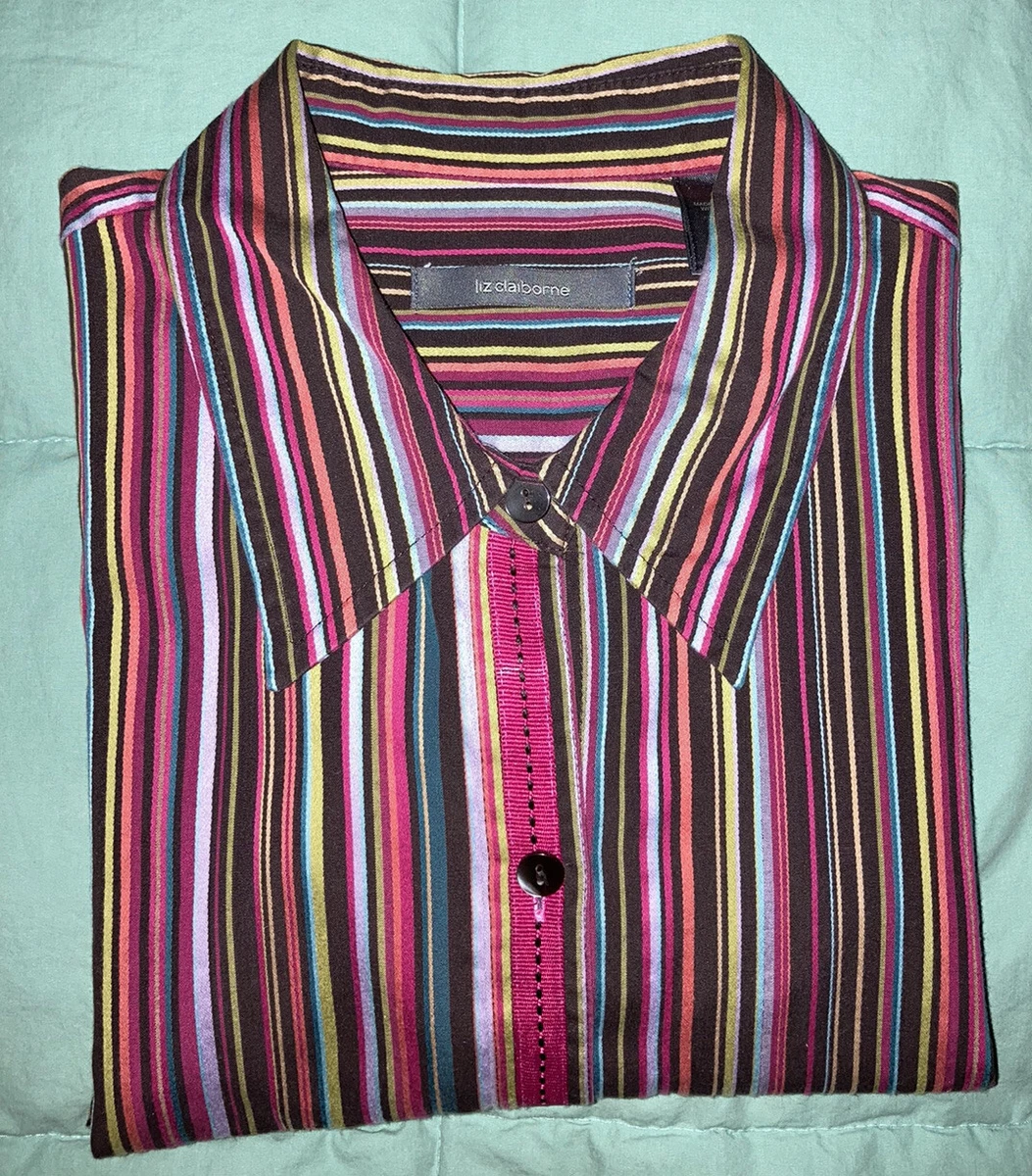 Liz Claiborne Striped Multi Color Shirt Cotton 10 Pink Ribbon