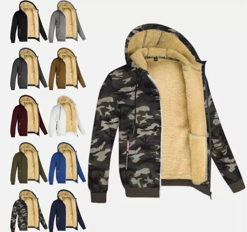 Mens Winter Fleece Fluffy Lined Jacket Hoodie Long Sleeve Casual Zip Sweatshirt