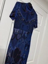 DESIGUAL Blue Abstract Print Midi Dress High Neck Stretch Bodycon Size L