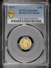 1872 Type 3 Large Head Indian Princess Gold Dollar PCGS UNC Details Holed