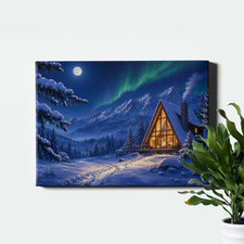 Snowy Forest Retreat Cabin Warm Interior Glow Framed Wall Decor 24x16inch