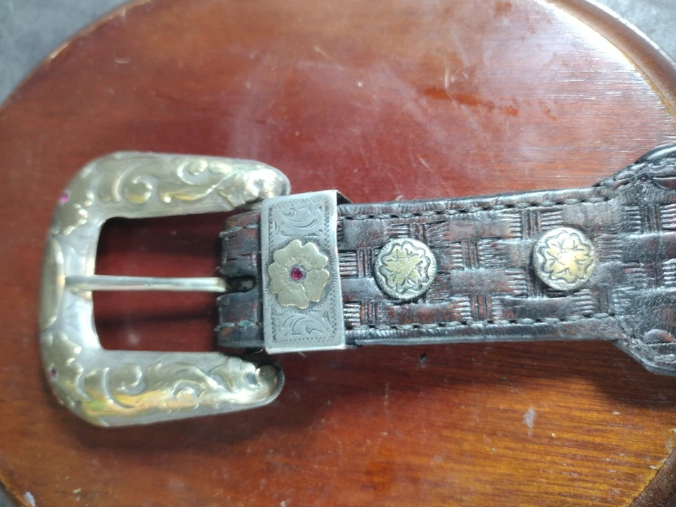 Vtg Silver Ranger Western Buckle 1" Fit & Fittings Sterling, 10 Gold, Ruby, Belt - Image 4 of 4