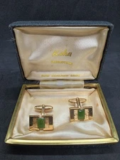 Vintage Koha Greenstone Gold Tone New Zealand Jade Cufflinks w/ Case