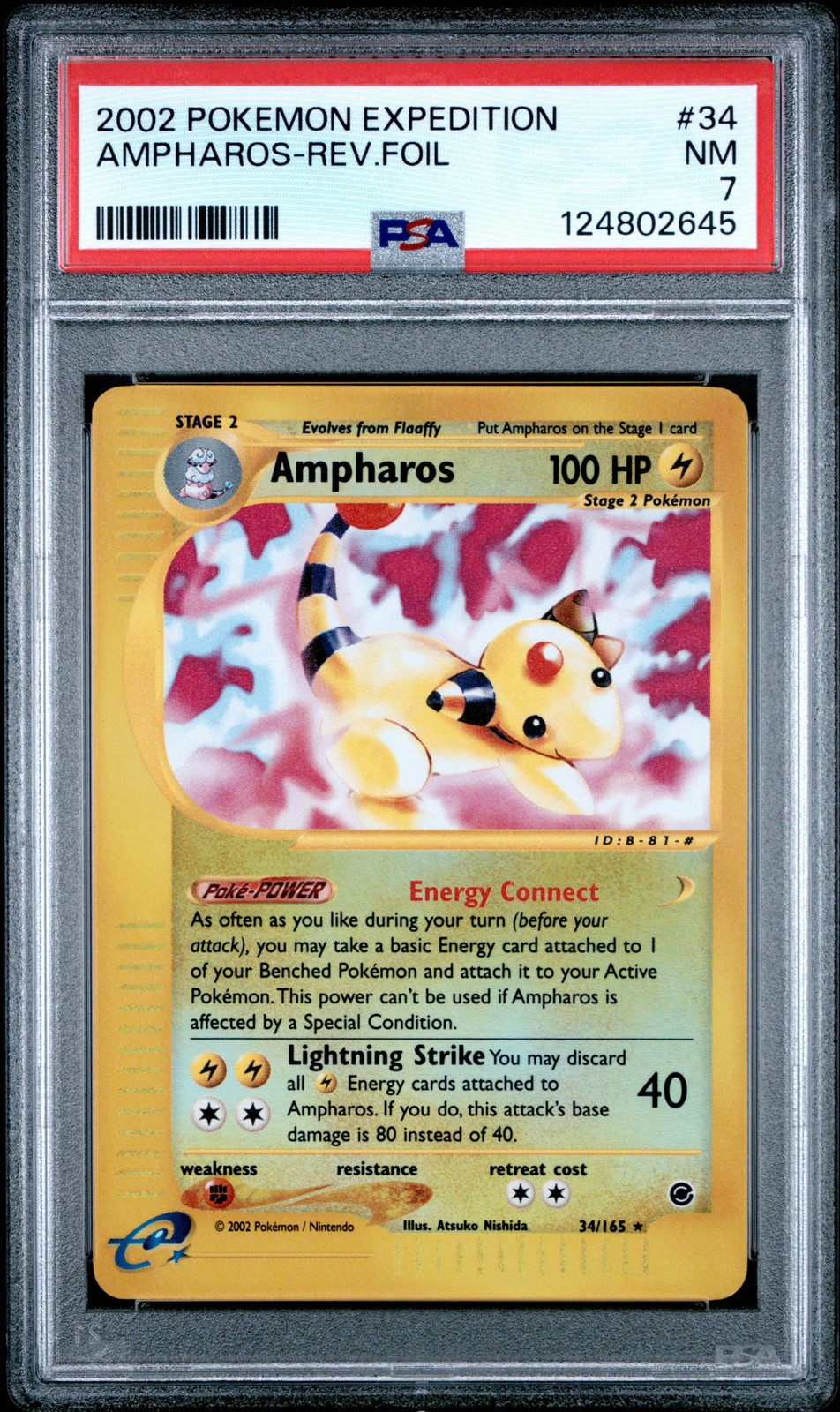 2002 POKEMON EXPEDITION #34 AMPHAROS-REVERSE FOIL PSA 7