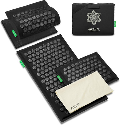 Acupressure Mat and Pillow Set, Full Body Coconut Fiber Pro Kit with Bag (Black)