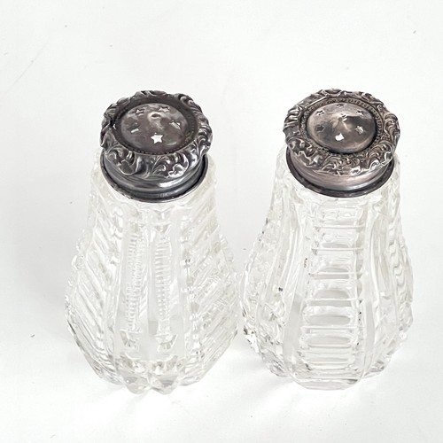 Antique Cut Glass Salt & Pepper Shakers Star Holes In Top Of Metal Caps