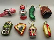 Blown Glass Christmas Ornaments Lot Of 8 Food Pickle Popcorn Candy Hotdog Cheese