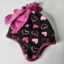 Toddler Girls Hat And Mitten Set Pink  Brown Heart Design New