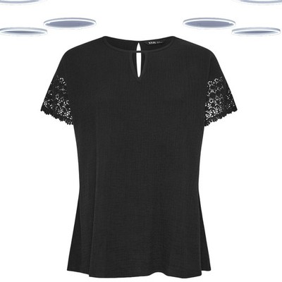 Ex Women's Plus Size Cheesecloth Crochet Top in Black (Defect)
