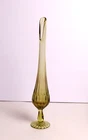 Vintage Fenton Glass Swung Bud Vase Green Pedestal Base 14" Ribbed