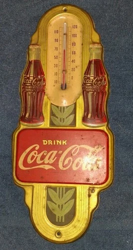 Rare Vintage 1941 Coca-Cola Advertising Thermometer Tin Sign - Double Bottle