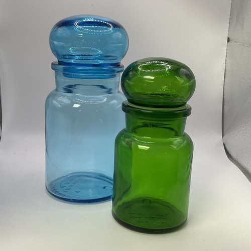 2 Vintage 70s Blue Green Glass Bubble Top Apothecary Jars Canisters Belgium - Picture 2 of 8