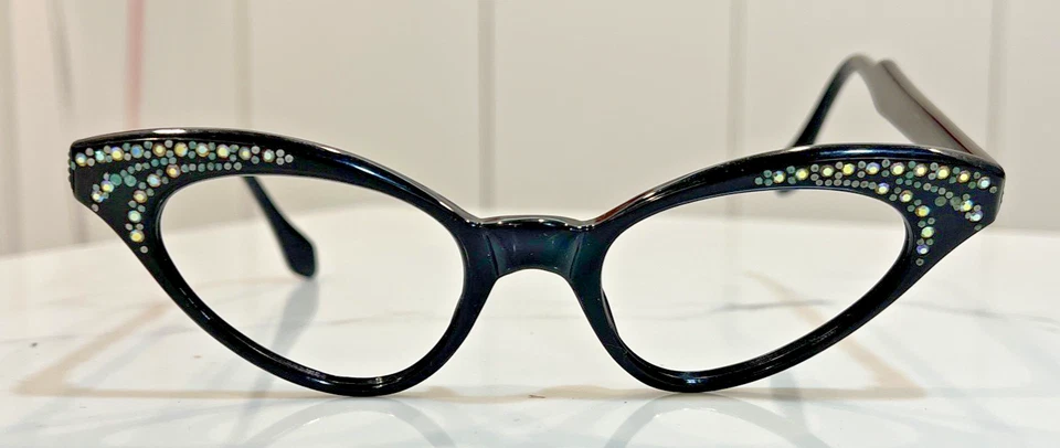 Vintage Woman's Eyeglass Black Oval France many Rhinestones 46 x 18 - Image 4 of 4