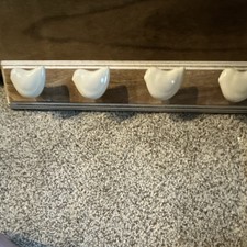Wood  Ceramic Wall-Hook Rack, 4 White Bird-Shaped Hooks, Farmhouse, Cottagecore