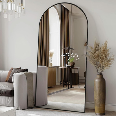 Oversized Arched Full Length Mirror 71''x32'' with Stand - Black Aluminum Frame