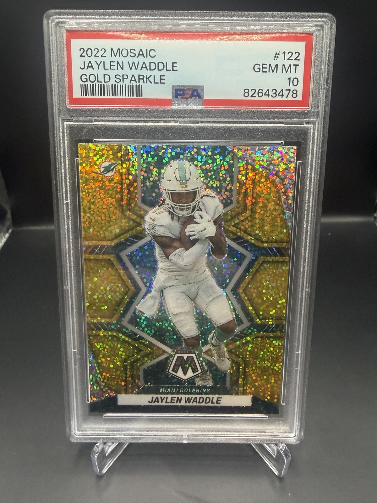 Panini 2022 Mosaic Jaylen Waddle Dolphins Gold Sparkle Prizm #122 PSA 10