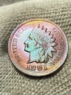1901 Indian Head Cent Penny, Lustrous Choice AU+++++++++Toned Red Hue High Grade
