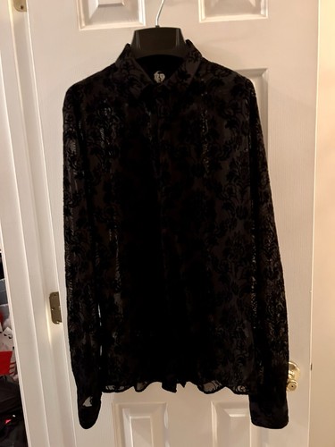 Men's Medium TWISTED TAILOR Black Raised Felt Flocking Floral Slim-Fit Button Up - Bild 8 von 14