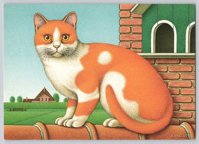 Postcard Erno Tromp Cat on Roof 1983 Dutch Illustration Orange Cat