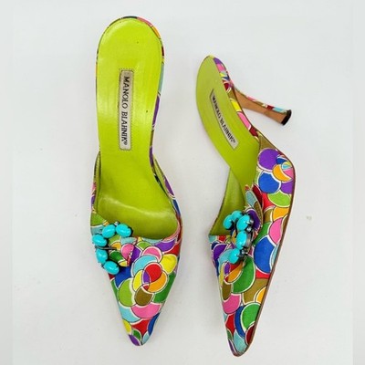 Manolo Blahnik Blue Green Multicolor Atomica Turquoise Buckle Mule pumps EU 37