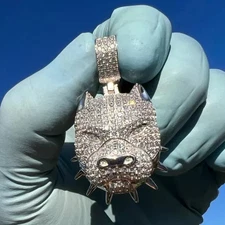 2.60Ct Round Cut Real Moissanite Pitbull Dog Pendant 14KWhite Gold Plated Silver