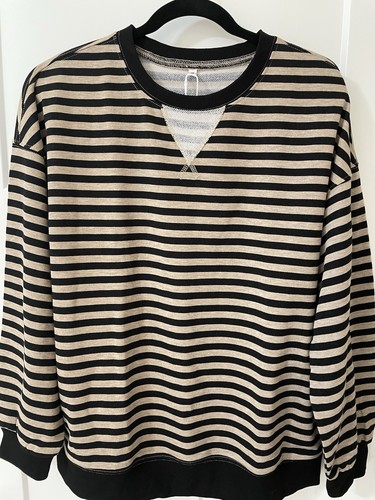Anrabess Damen MEDIUM gestreift Oversize Rundhalsausschnitt Sweatshirt Tunika schwarz & hellbraun - Bild 1 von 9
