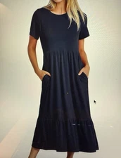 Anrabess  Navy Blue Casual short sleeve Midi Dress, flowy  Tiered skirt