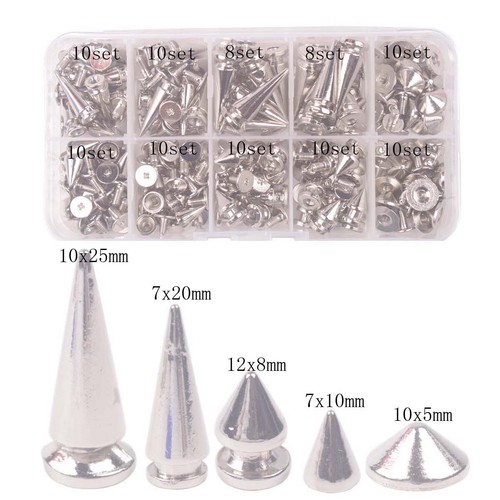 96 Sets of Mixed Lots Silver Metal Bullet Rivet Spikes Studs In Storage Box - Picture 2 of 6