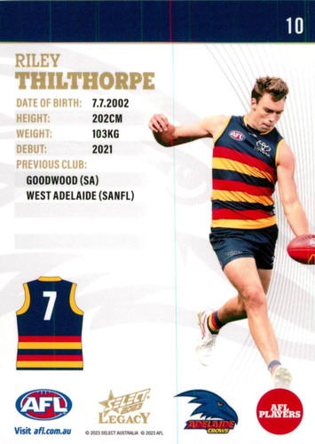 2023 Adelaide Crows AFL Select Legacy Card - Riley Thilthorpe - Picture 2 of 3