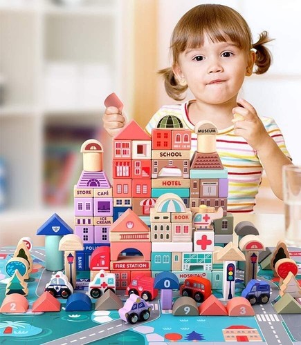 115 Pcs Wooden City Building Blocks Set, Colorful Stacking Preschool Educatio... - Picture 4 of 6