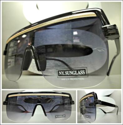 Übergröße Vintage Retro Moderne Shield Stil Sonnenbrille Groß Schwarz & Gold