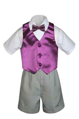 4pc Set Boy Toddler Formal Vest and Bow tie Lt GRAY Shorts set S-4T - Picture 18 of 27