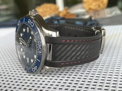 20mm BLACK Vulcanized RUBBER Strap OMEGA RED Stitch