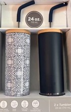 NIB Member's Mark 24-oz Stainless Steel Insulated Tumblers  Straws W/Wood Lids