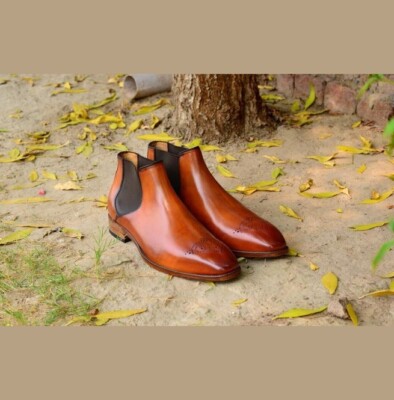 Handgefertigte hellbraune Chelsea Lederstiefel für Herren, Herren Brogue Chelsea Boots, Männerstiefel