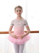 Short Sleeve Girl Patchwork Strap Lace Embroidery Mesh Ballet Leotard Dance Wear