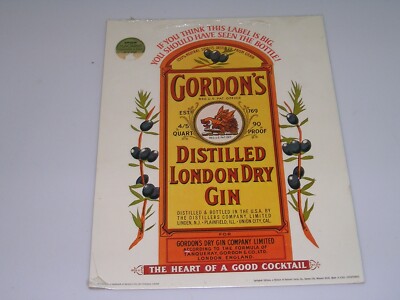 Sealed NOS Gordon's London Dry Gin Cardboard Easel Back Advertising Sign Display