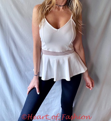 Sexy corte bajo para mujer escote profundo Peplum Mesh Insertar Cami Party Evening Top - Imagen 7 de 8
