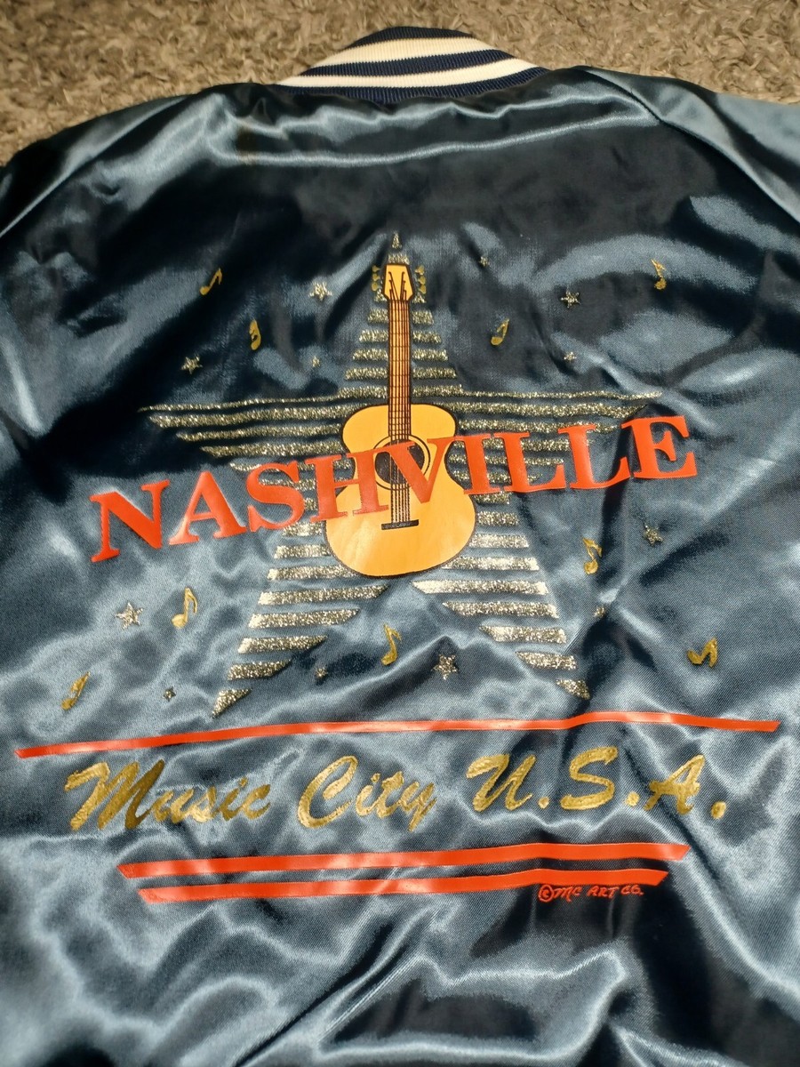 Vintage 80s Music City USA Jacket Size Large Black Satin Nashville