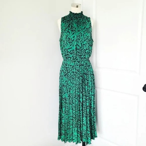 Banana Republic Emerald Green Leopard Satin Mock Neck Slvless Pleated Dress Sz M - Picture 3 of 8