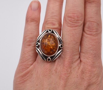 Bague Ancienne Art Déco En Argent Massif Avec Ambre Sculpté – Pierre Orange – Bijou Vintage Occasion – Superbe Pièce