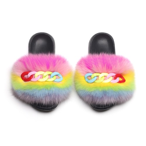 Scarpe pantofole vera pelliccia di volpe fattoria catena lucida peluche sandali soffici scivoli pelosi - Foto 15 di 23